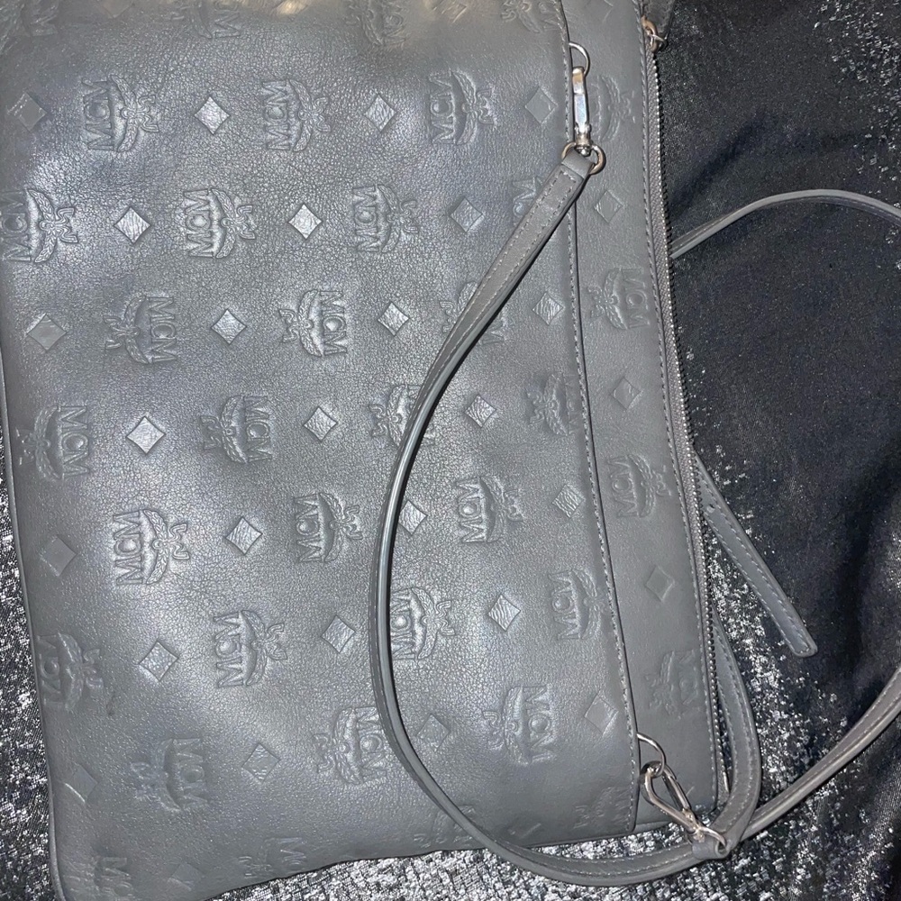 MCM Embossed Logo Crossbody Bag in Charcoal Gray